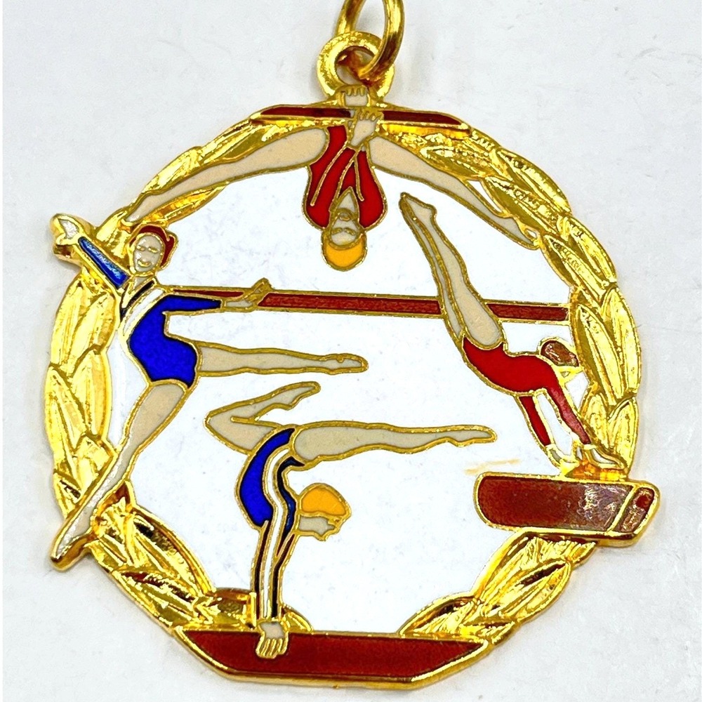Vintage Gold Tone Gymnastics Medal Pendant‎ Blue Red White Enamel Laurels Wreath